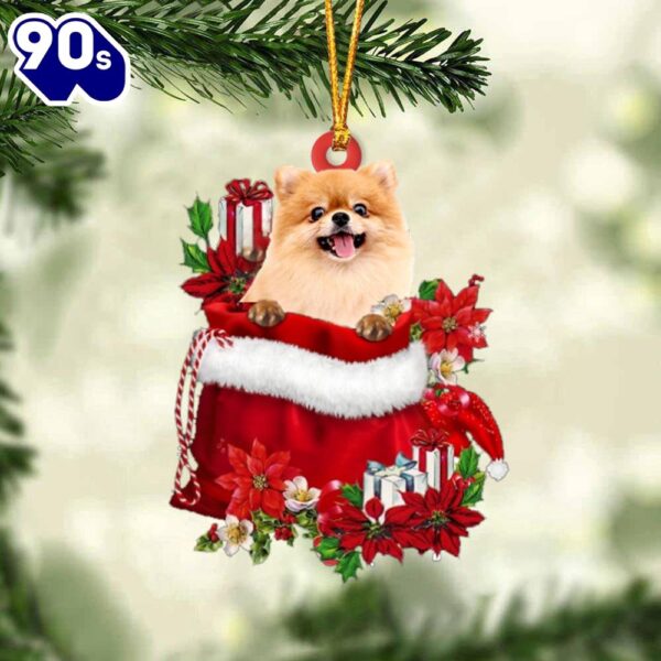 Pomeranian In Gift Bag Christmas Ornament, Gift For Christmas