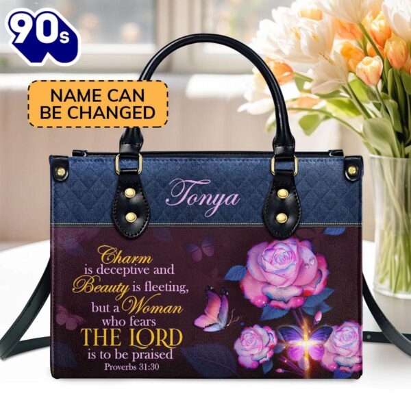 Proverbs 3130 Personalized Leather Handbag With Handle Scripture Meaningful Gifts , Christian Bags  Gift For Women Christmas