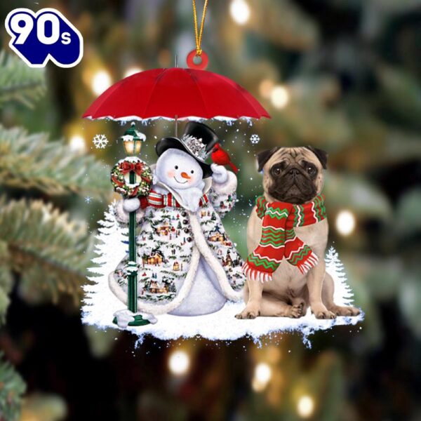 Pug 2 With Snowman Christmas Ornament, Gift For Christmas