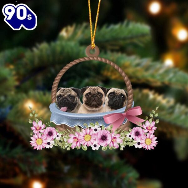 Pug Dogs In The Basket Ornament, Gift For Christmas