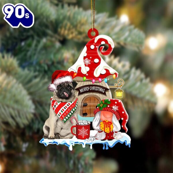 Pug With Mushroom House Christmas Ornament, Gift For Christmas