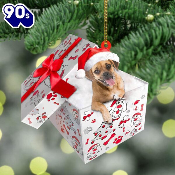 Puggle In Gift Box Christmas Ornament, Gift For Christmas