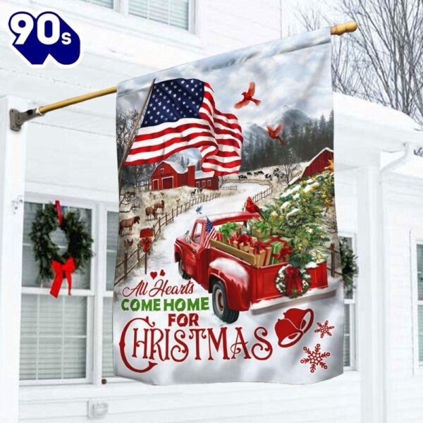 Red Truck American Flag All Hearts Come Home For Christmas  Decorate For Christmas