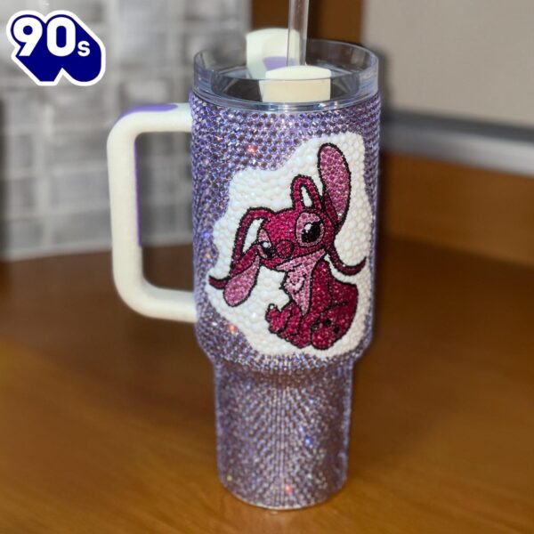 Rhinestone Bling Stitch Angel Cartoon Custom Stanley Quencher 40oz Stainless Steel Tumbler With Handle