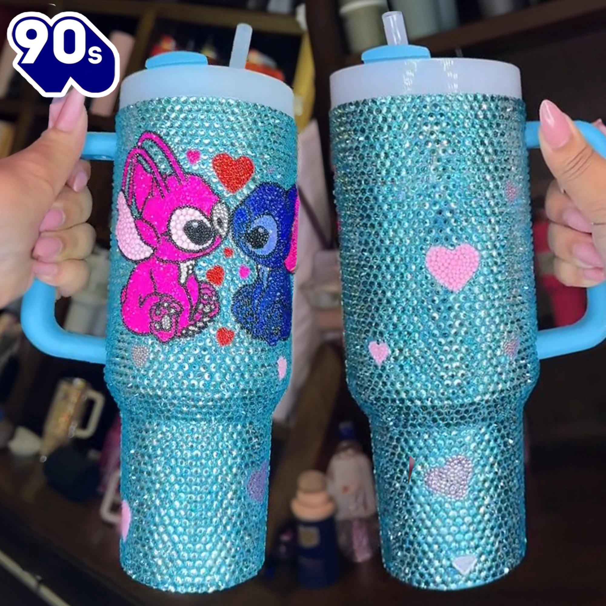 Rhinestone Bling Stitch Couple Cartoon Custom Stanley Quencher 40oz Stainless Steel Tumbler With Handle Rhinestone Bling Stitch Couple Cartoon Custom Stanley Quencher 40oz Stainless Steel Tumbler With Handle