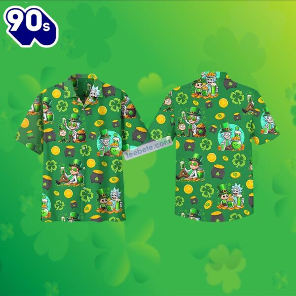 Rick Morty Shamrock St Patrick Green Hawaiian Golf Polo 2025