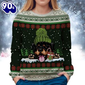 Rottweiler With Snow And Christmas Ugly Sweater