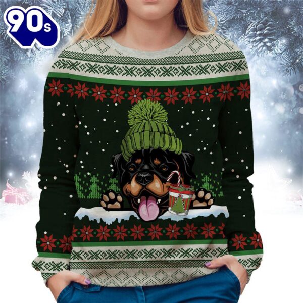 Rottweiler With Snow And Christmas Ugly Sweater