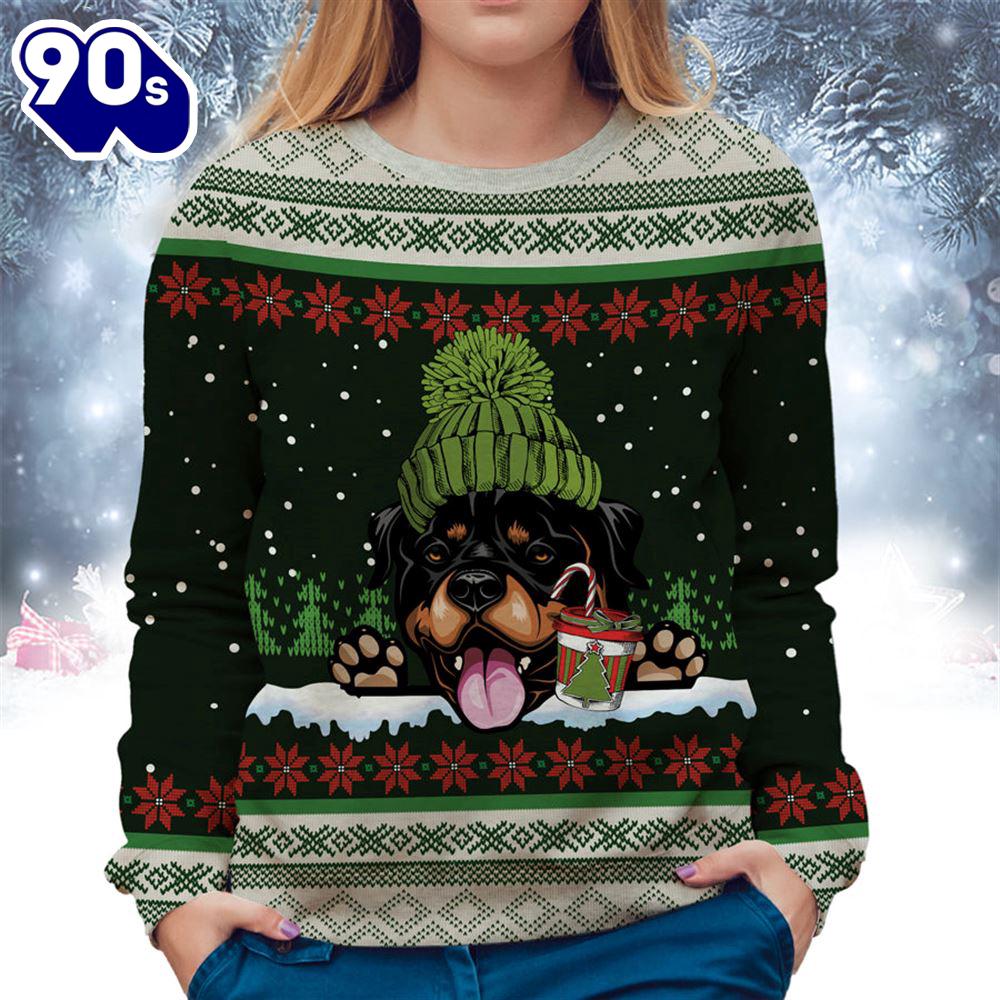 Rottweiler With Snow And Christmas Ugly Sweater Rottweiler With Snow And Christmas Ugly Sweater
