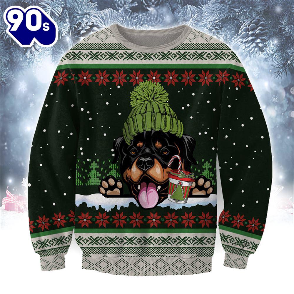 Rottweiler With Snow And Christmas Ugly Sweater Rottweiler With Snow And Christmas Ugly Sweater