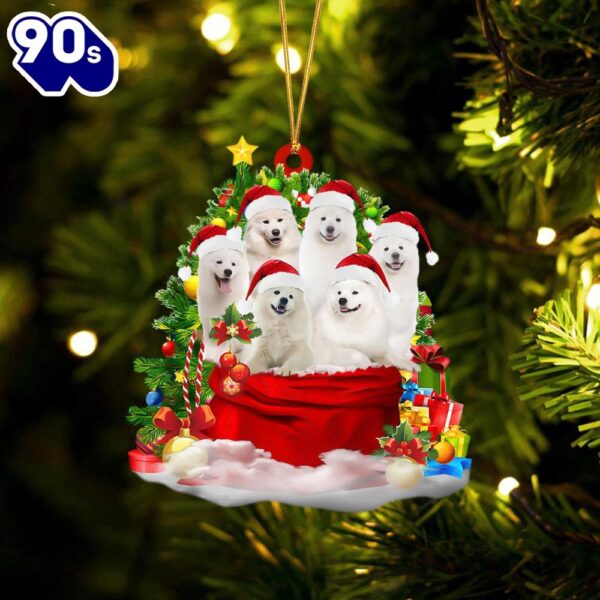 Samoyed Dogs In A Gift Bag Christmas Ornament, Gift For Christmas