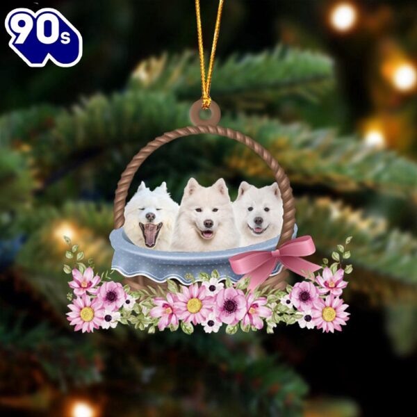 Samoyed Dogs In The Basket Ornament, Gift For Christmas