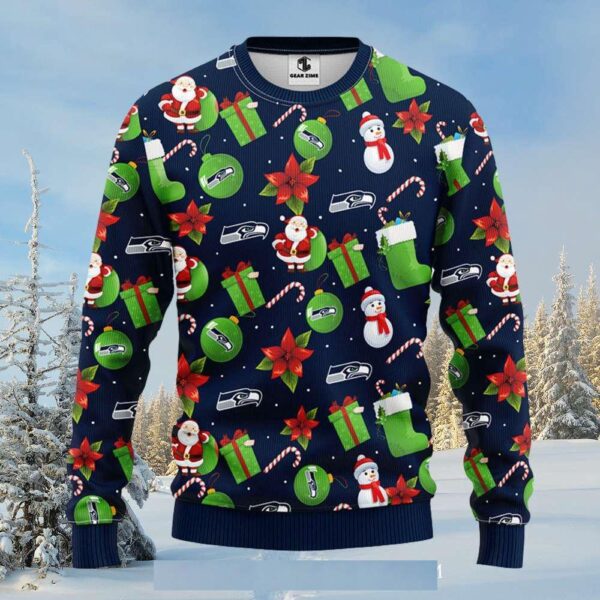 Santa Claus Snowman Graphic Seattle Seahawks Ugly Christmas Sweater