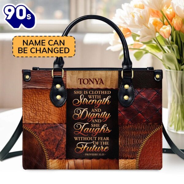 She Is Clothed With Strength And Dignity Custom Name Leather Handbags For Women, Christian Bags  Gift For Women Christmas