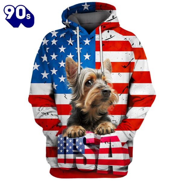 Silky Terrier Dog 3D Face Graphic Premium America Flag Hoodie   Gift Christmas