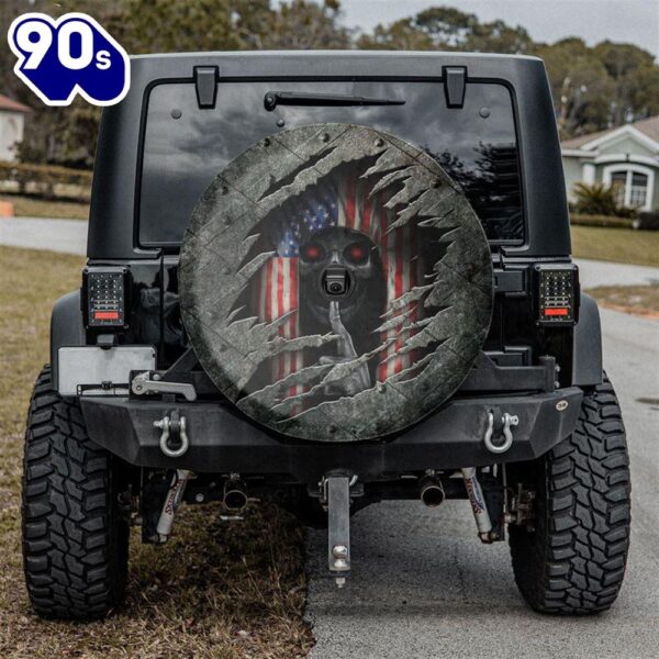 Skull American Flag Spare Tire Cover With Backup Camera Hole