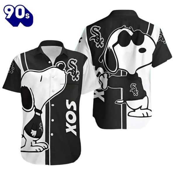 Snoopy Chicago White Sox Hawaiian Button Up Shirts Black And White