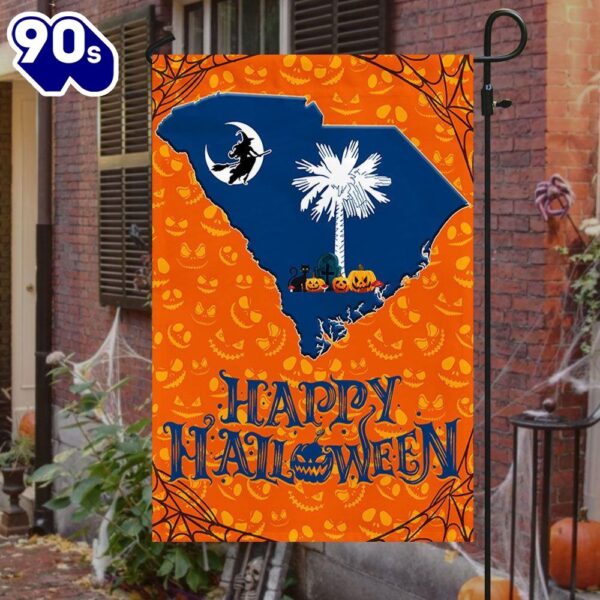 Halloween  South Carolina With Palm Tree And Witch Flying Halloween Flag, Halloween Garden Flags