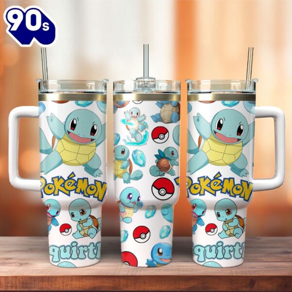 Squirtle Pokemon Anime Cartoon Custom Stanley Quencher 40oz Stainless Steel Tumbler  For Fans