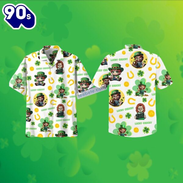 St Patrick Chucky Shamrock Horseshoe White Sun Surf Hawaiian Shirt 2025