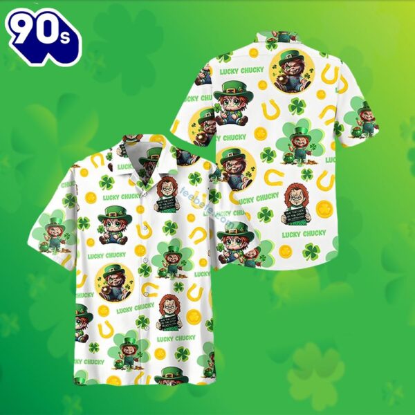 St Patrick Chucky Shamrock Horseshoe White Sun Surf Hawaiian Shirt 2025