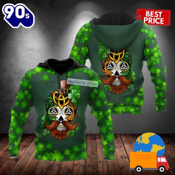 St Patrick Day Skull And Four Leaf Clover Green 3D Novelty Hoodie 2025