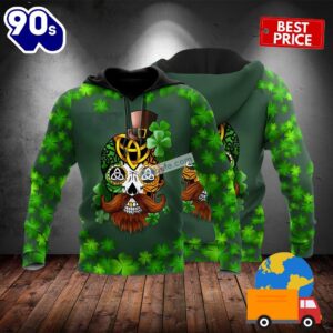 St Patrick Day Skull And Four Leaf Clover Green 3D Novelty Hoodie 2025