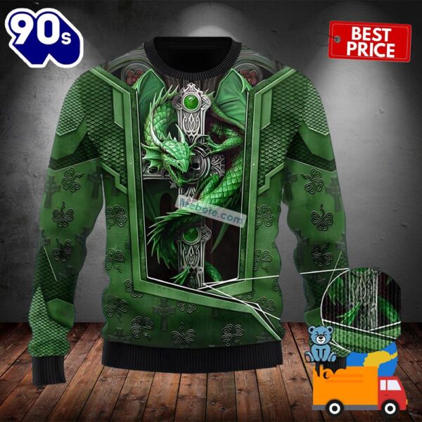 St Patrick Day With Dragon Around Celtic Cross Green Ugly Xmas Sweater 2025