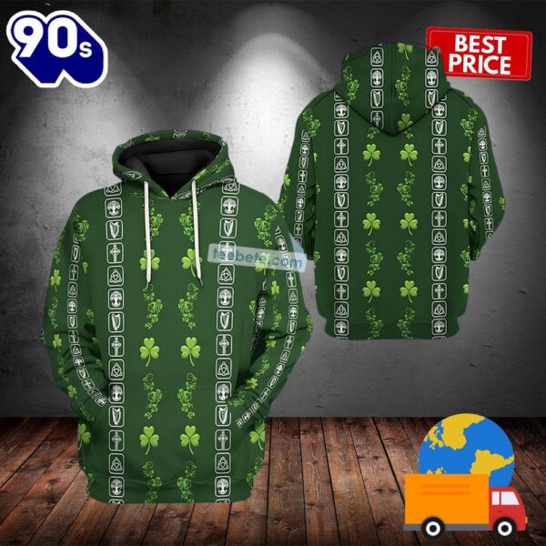 St Patrick Four Leaf Clover Pattern Green 3D Design Hoodie 2025