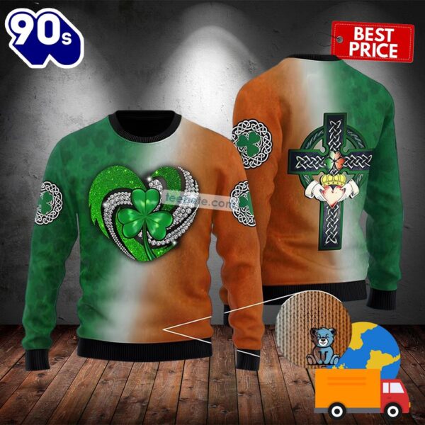 St Patrick Heart Shamrock And Celtic Cross Green Couples Ugly Sweaters 2025