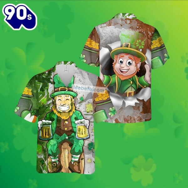 St Patrick Leprechaun Beer Gold Coin Green Mens Big And Tall Hawaiian Shirts 2025