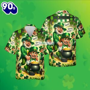 St Patrick Leprechaun Pot Of Gold Shamrock Green Vintage Hawaiian Shirts 2025