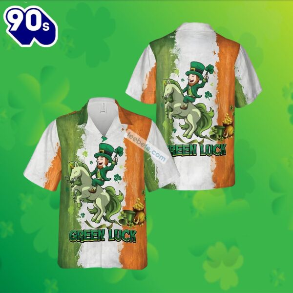 St Patrick Leprechaun Riding Unicorn Shamrock Green Hawaiian Shirts 2025