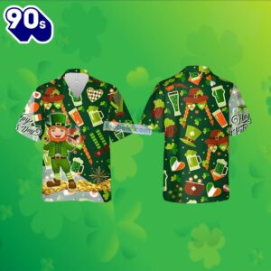 St Patrick Shamrock Gold Coin Leprechaun Beer Green Aloha Shirts Mens 2025