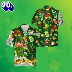 St Patrick Shamrock Gold Coin Leprechaun Beer Green Aloha Shirts Mens 2025