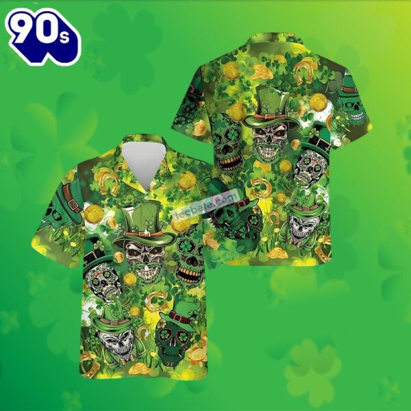 St Patricks Skulls Gold Coin Shamrock Green Hawaiian Red Dirt Shirt 2025