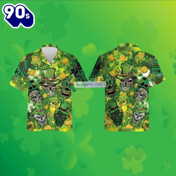 St Patricks Skulls Gold Coin Shamrock Green Hawaiian Red Dirt Shirt 2025