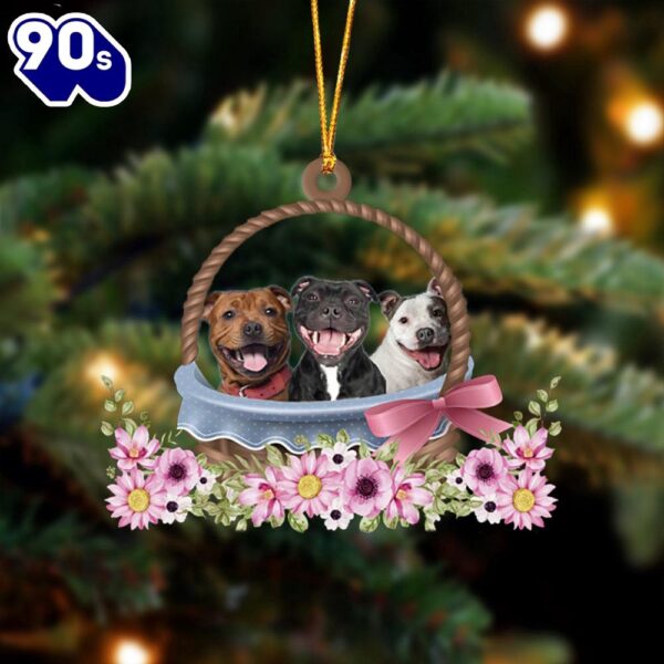 Staffordshire Bull Terrier Dogs In The Basket Ornament, Gift For Christmas