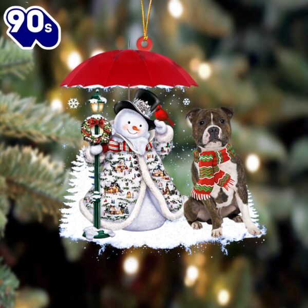 Staffordshire Bull Terrier With Snowman Christmas Ornament, Gift For Christmas