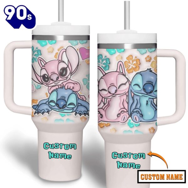 Stitch And Angel Cartoon Custom Stanley Quencher 40oz Stainless Steel Tumbler