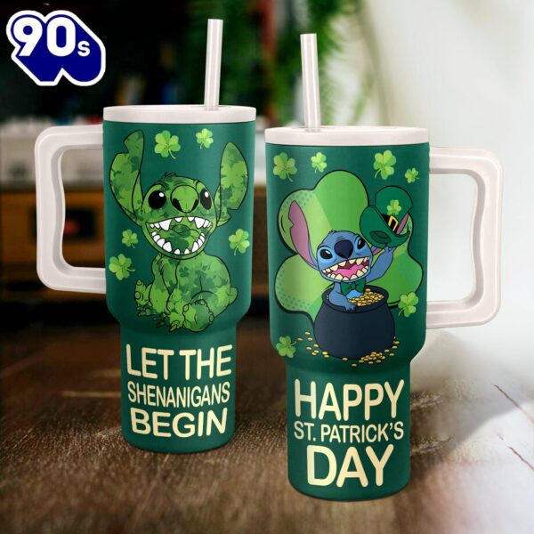 Stitch St. Patrick’s Day Disney Cartoon Custom Stanley Quencher 40oz Stainless Steel Tumbler With Handle