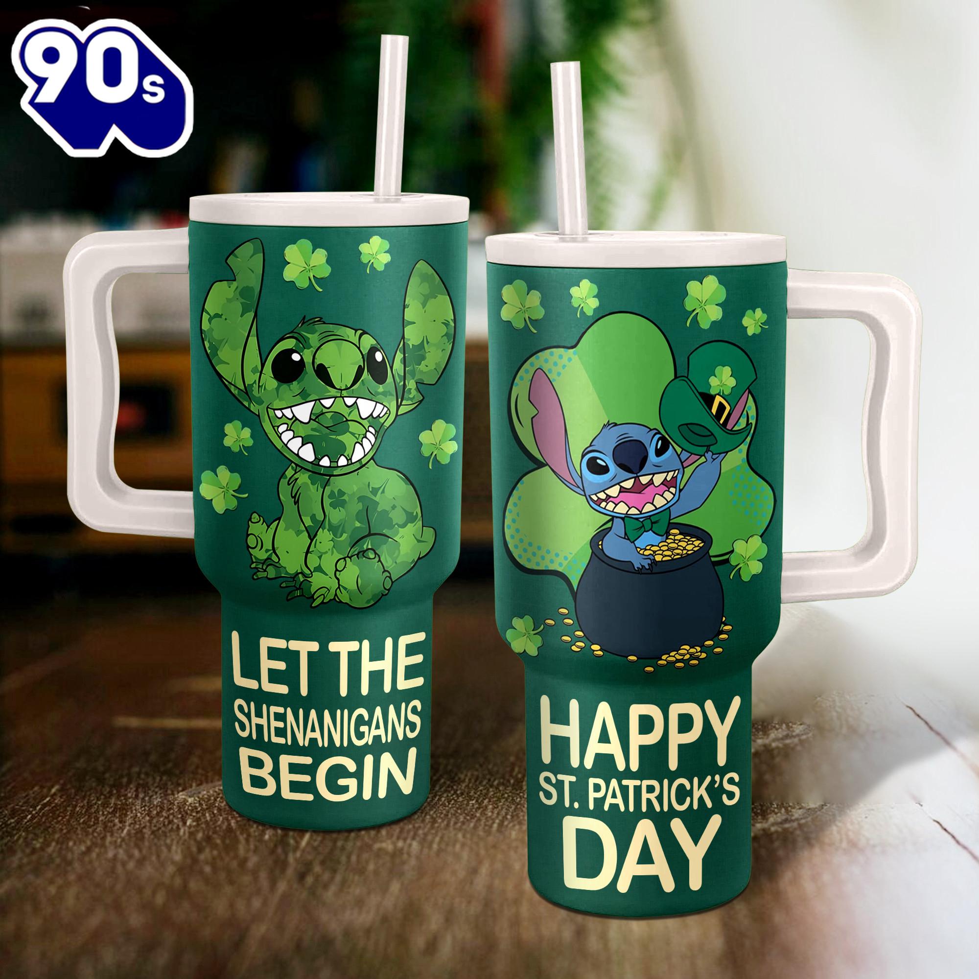 Stitch St. Patrick's Day Disney Cartoon Custom Stanley Quencher 40oz Stainless Steel Tumbler With Handle Stitch St. Patrick's Day Disney Cartoon Custom Stanley Quencher 40oz Stainless Steel Tumbler With Handle