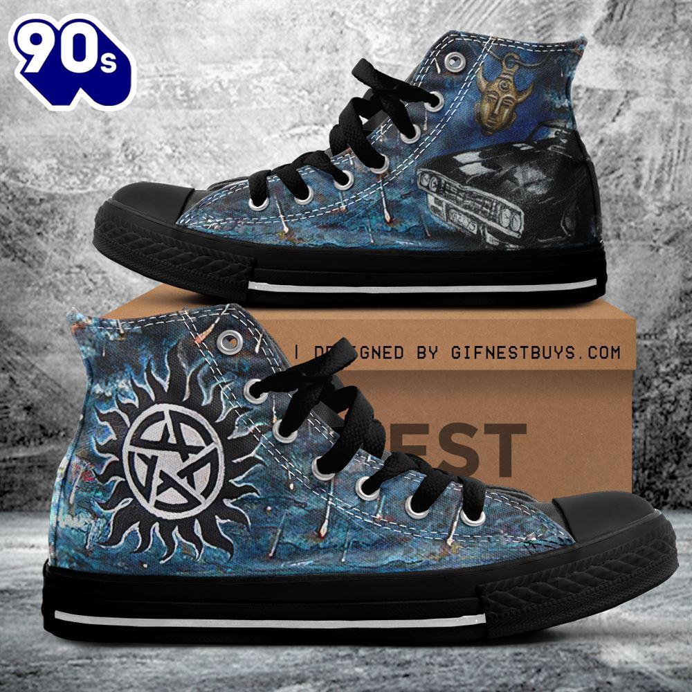 Supernatural Symbol, Supernatural Grey Blue Shoes, Supernatural High Top Canvas Shoes For Fans Supernatural Symbol, Supernatural Grey Blue Shoes, Supernatural High Top Canvas Shoes For Fans