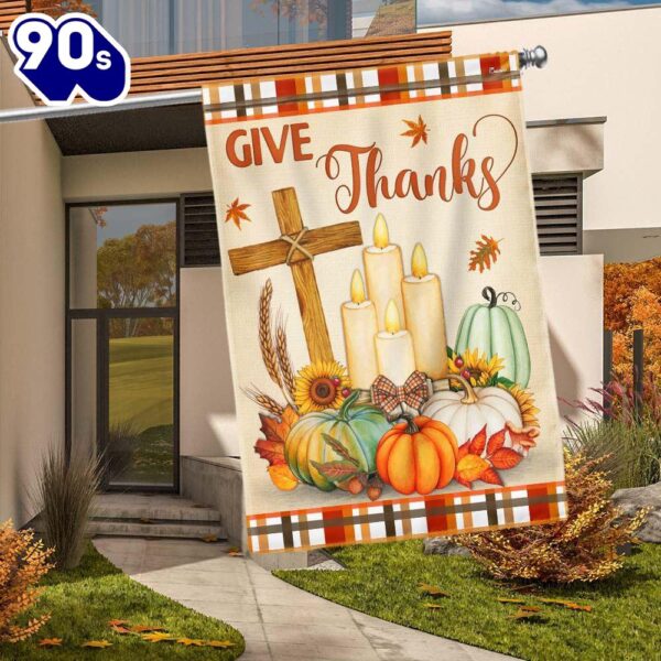 Halloween  Thanksgiving Fall Flag Give Thanks Jesus Christ Cross Pumpkins Thanksgiving Flag, Halloween Garden Flags