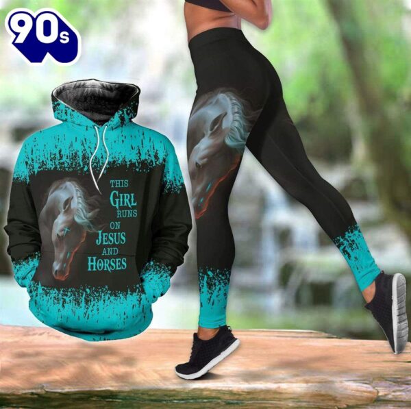 This Girl Run On Jesus &amp Horse All Over Print Leggings Hoodie Set Outfit For Women Gift Xmas