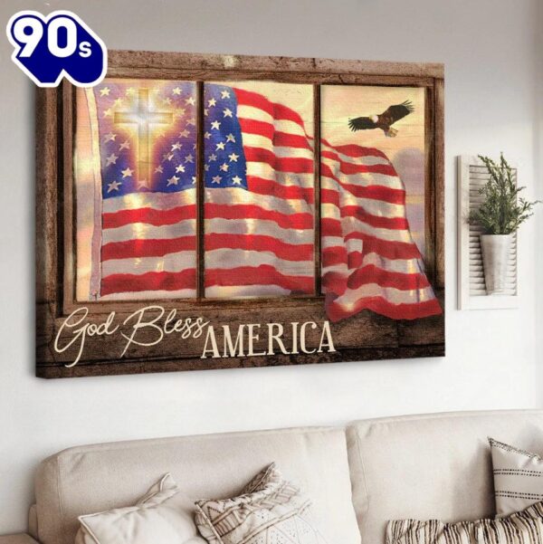 Us Flag Vintage Window God Bless America Independence Day Canvas Wall Art