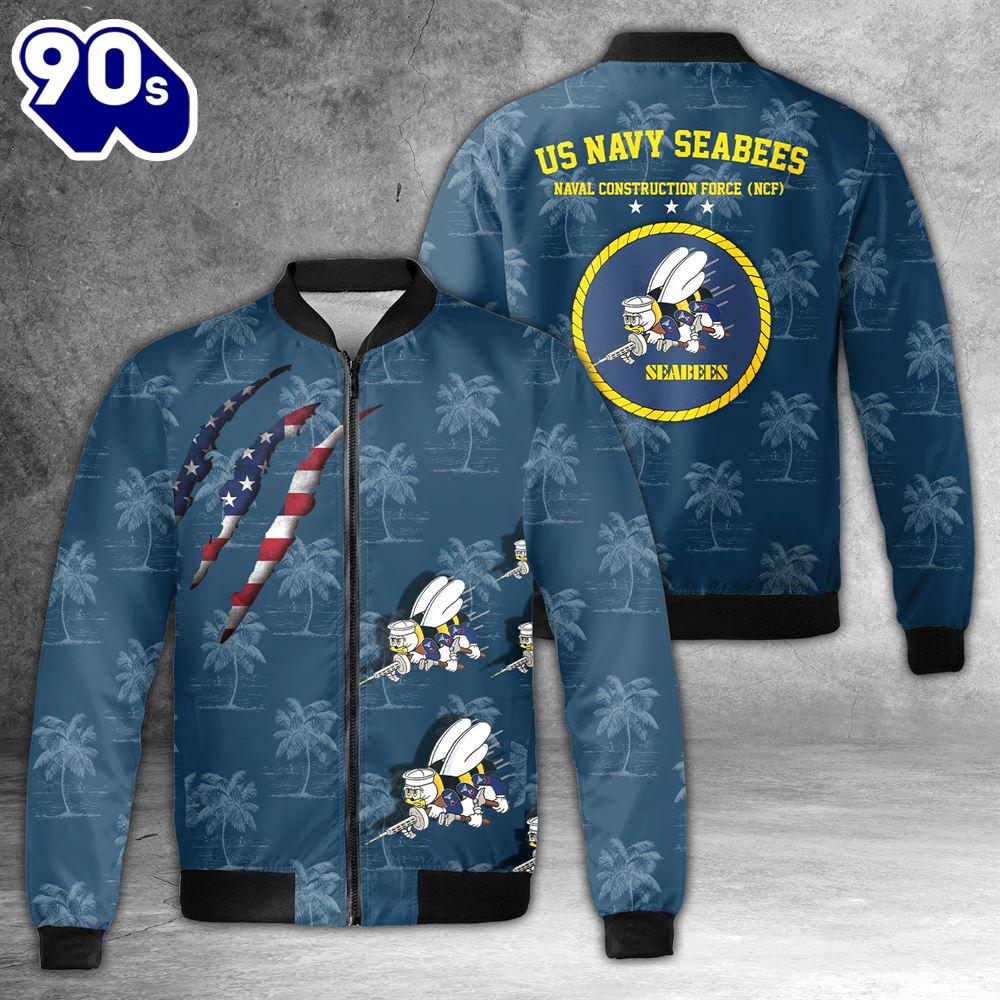 US Navy SEABEES Naval Construction Force (NCF) AOP Fleece Bomber Jacket US Navy SEABEES Naval Construction Force (NCF) AOP Fleece Bomber Jacket