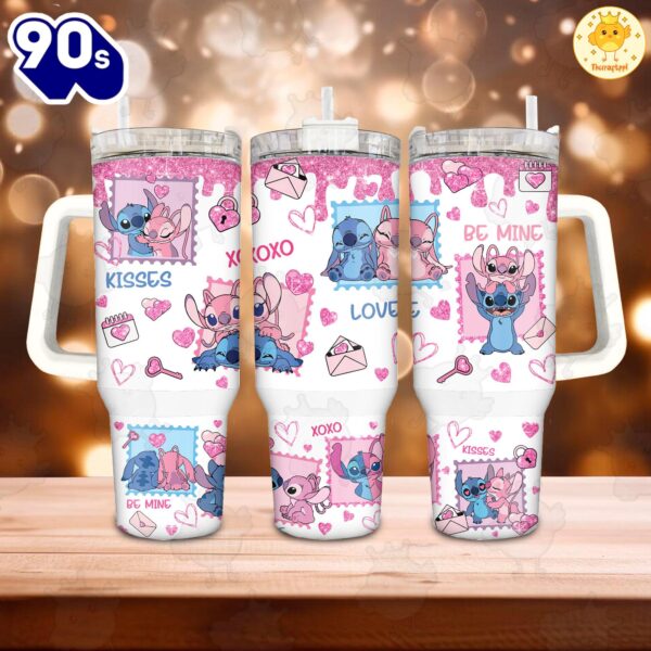 Valentine Stitch Disney Cartoon Custom Stanley Quencher 40oz Stainless Steel Tumbler With Handle