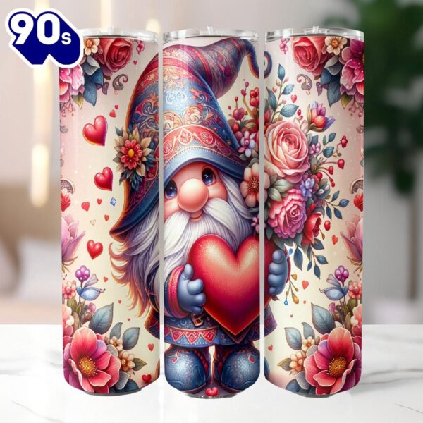 Valentine’s Day Gnome 20 Oz Skinny Tumbler, Gnome Tumbler, Valentine Tumbler