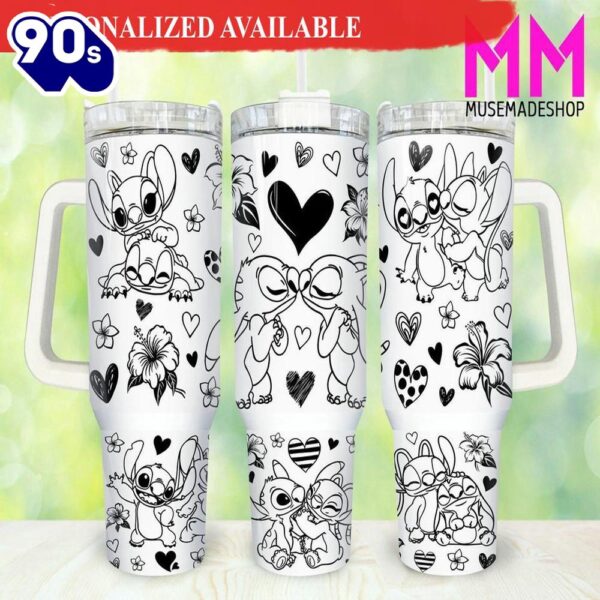 Valentines Stitch Cartoon 40oz Tumbler with Handle